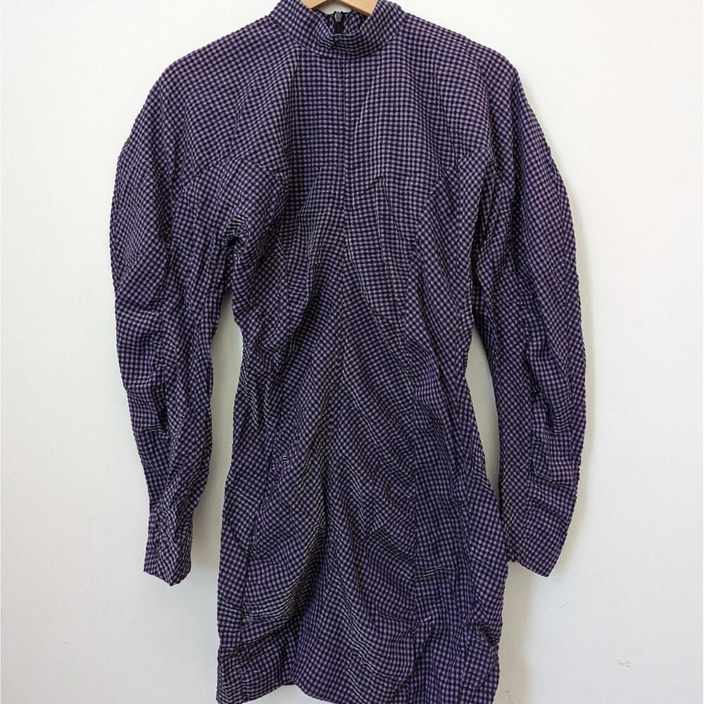 Ganni purple puff sleeve gingham dress